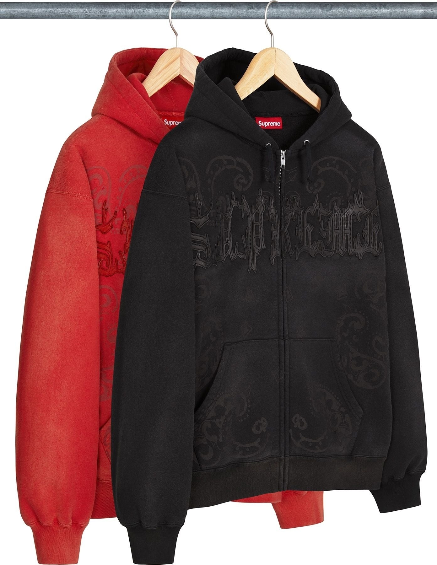 Leather Appliqué Zip Up Hooded Sweatshirt